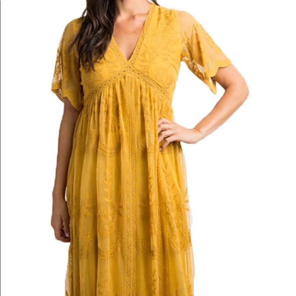 V Neck Gold Lace Maxi Dress